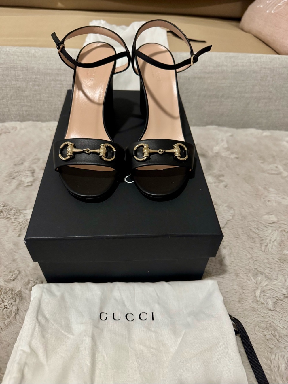 🌟 BRAND NEW Gucci Authentic Black Leather Horsebit Block Heel Sandals